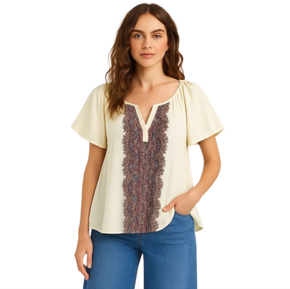 SMYMumu Oversized Cream Paisley Print Avalon Swing Top M 6 8